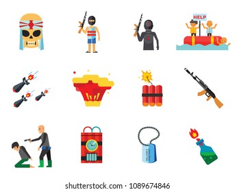 Terrorism Icon Set. Kamikaze Fire Cocktail Dynamite Army Tags Hostage Bomb With Timer Machine Gun Missiles Explosion Refugees Terrorist Shooting Target War