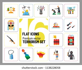 Terrorism Icon Set. Kamikaze Fire Cocktail Dynamite Army Tags Hostage Bomb With Timer Machine Gun Missiles Explosion Refugees Terrorist Shooting Target War
