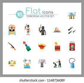 Terrorism Icon Set. Kamikaze Fire Cocktail Dynamite Army Tags Hostage Bomb With Timer Machine Gun Missiles Explosion Refugees Terrorist Shooting Target War
