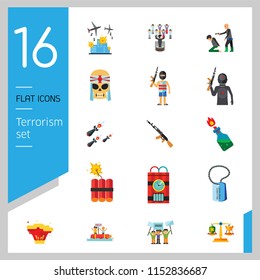 Terrorism Icon Set. Kamikaze Fire Cocktail Dynamite Army Tags Hostage Bomb With Timer Machine Gun Missiles Explosion Refugees Terrorist Shooting Target War
