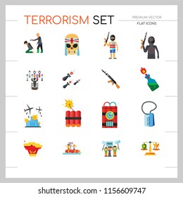 Terrorism Icon Set. Kamikaze Fire Cocktail Dynamite Army Tags Hostage Bomb With Timer Machine Gun Missiles Explosion Refugees Terrorist Shooting Target War