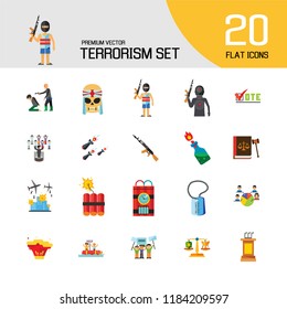 Terrorism Icon Set. Kamikaze Fire Cocktail Dynamite Army Tags Hostage Bomb With Timer Machine Gun Missiles Explosion Refugees Terrorist Shooting Target War