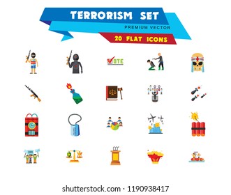 Terrorism Icon Set. Kamikaze Fire Cocktail Dynamite Army Tags Hostage Bomb With Timer Machine Gun Missiles Explosion Refugees Terrorist Shooting Target War