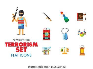 Terrorism Icon Set. Kamikaze Fire Cocktail Dynamite Army Tags Hostage Bomb With Timer Machine Gun Missiles Explosion Refugees Terrorist Shooting Target War