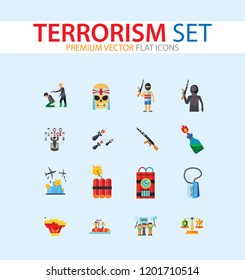 Terrorism Icon Set. Kamikaze Fire Cocktail Dynamite Army Tags Hostage Bomb With Timer Machine Gun Missiles Explosion Refugees Terrorist Shooting Target War