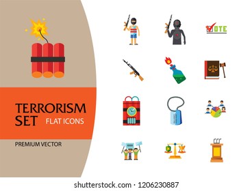 Terrorism Icon Set. Kamikaze Fire Cocktail Dynamite Army Tags Hostage Bomb With Timer Machine Gun Missiles Explosion Refugees Terrorist Shooting Target War