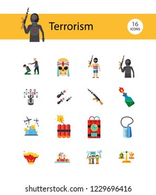 Terrorism Icon Set. Kamikaze Fire Cocktail Dynamite Army Tags Hostage Bomb With Timer Machine Gun Missiles Explosion Refugees Terrorist Shooting Target War
