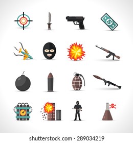 Terrorism icons set with different type of terror crimes symbols isolated vector illustration