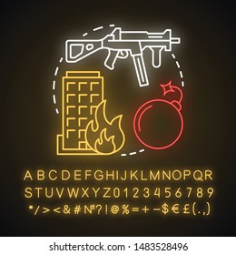 Terrorism Neon Light Concept Icon. Gun Violence Idea. War & Terror. Terrorist Military Attack, Explosion. Extremism. Rifle And Bomb. Glowing Sign With Alphabet, Numbers. Vector Isolated Illustration