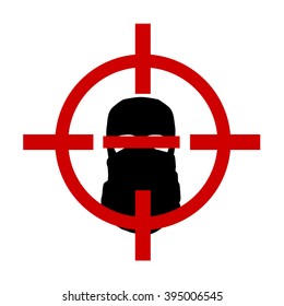  Terrorism social poster in vector. Silhouette of a human head in balaclava with red sign target on white background