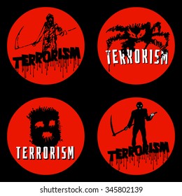 Terrorism Text in black and red color. Men in mask with scythe, black spider,  face of horror. Flat style icons.  Set. Vector illustration on the theme of war and terrorism.