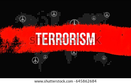 Terrorism - A Threat to World Peace concept. Red brush stroke across mosaic world map with peace symbol. Terrorism vector illustration