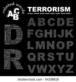 TERRORISMUS. Kollektion von Vektorbriefen. Wordcloud-Illustration.