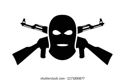 Terrorism Vector Sign, Isolated On White Background. Bandit Mask Black Color Illustration. Black Balaclava And AK 47. Silhouette Bad Guy With Gun. Shooter Logo. Danger Criminal Clipart. Robber Symbol