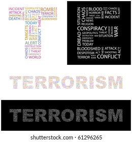 TERRORISM. Word collage. Illustration with different association terms.