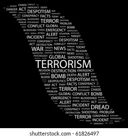 TERRORISM. Word collage on black background. Illustration with different association terms.