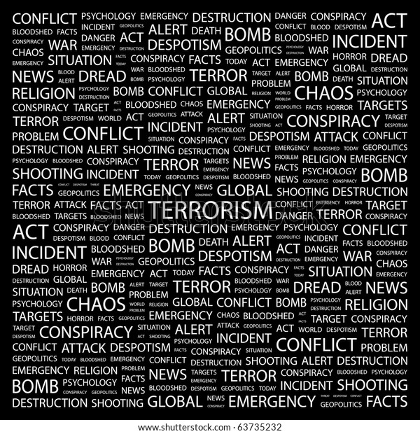 TERRORISM. Word collage on black
background. Illustration with different association
terms.