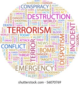 TERRORISMO. Composición de palabras sobre fondo blanco. Ilustración con diferentes términos de asociación.