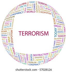 TERRORISMO. Composición de palabras sobre fondo blanco. Ilustración con diferentes términos de asociación.
