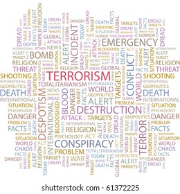 TERRORISM. Word collage on white background. Illustration with different association terms.