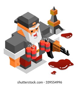 Terrorista con ak-47 y bomba o dinamita. ilustración vectorial