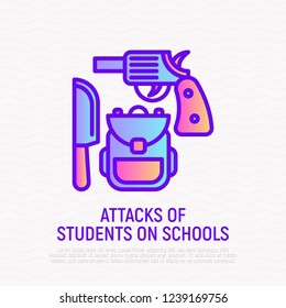 Terrorist attack equipment thin line icon: gun, knife, backpack. Modern vector illustration.