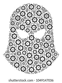 Terrorist Balaklava composition of cogs. Vector cog symbols are combined into terrorist balaklava shape.