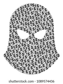 Terrorist balaklava composition of dollars and spheric dots. Vector dollar currency signs are organized into terrorist balaklava collage.