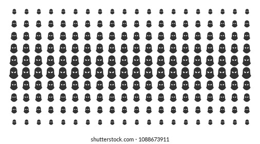 Terrorist balaklava icon halftone pattern, constructed for backgrounds, covers, templates and abstraction compositions. Vector terrorist balaklava items organized into halftone grid.