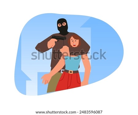 Terrorist in black mask with gun attack young woman. Criminals in balaclava holding girl hostage. Killer or kidnapper, radical extremism. Vector flat illustration isolated in decorative frame