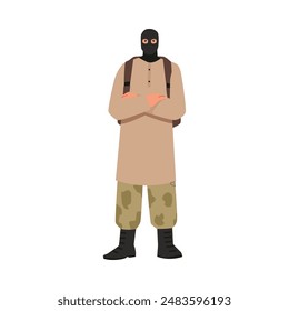 Terrorist in black mask standing cross hand. Soldier in balaclava and long shirt, criminal person, killer, radical extremism. Vector flat illustration isolated