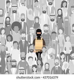 Terrorist In Crowd People Group Terrorism Threat Concept Flat Vector Illustration