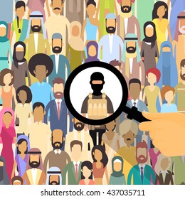 Terrorist In Crowd People Group Terrorism Threat Concept Flat Vector Illustration