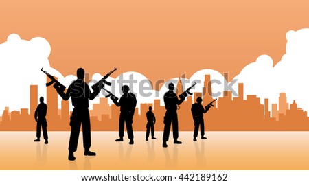 Terrorist Group Over City View Banner Flat Vector Illustration