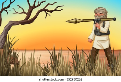 Terrorist with gun in the field illustration