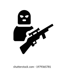 Terrorist mit Pistole, Vektorsymbol auf weißem Hintergrund.