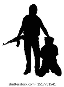 A terrorist with his weapon and a hostage silhouette vector