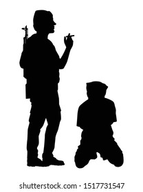 A terrorist with his weapon and a hostage silhouette vector