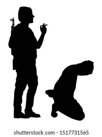 A terrorist with his weapon and a hostage silhouette vector