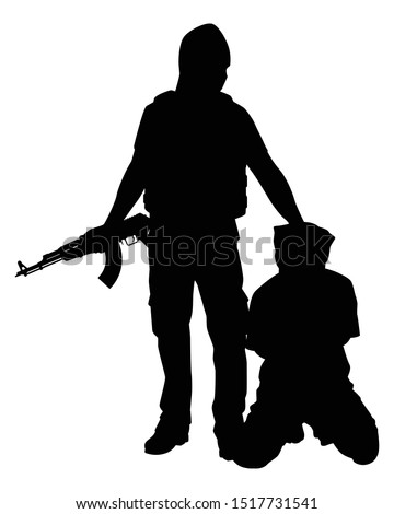 A terrorist with his weapon and a hostage silhouette vector