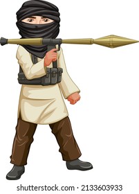 Terrorista sosteniendo RPG en ilustración de fondo blanco