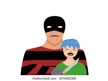 Terrorist and hostage isolated on white, vector cartoon art