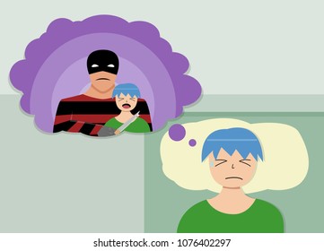 Terrorist and hostage in kid's nightmare, vector cartoon art