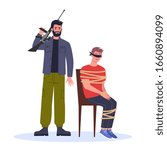 Terrorist and hostage. Man holding gun and attack young man. Criminals holding guy hostage. Vector illustration in cartoon style