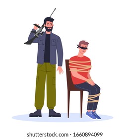 Terrorist and hostage. Man holding gun and attack young man. Criminals holding guy hostage. Vector illustration in cartoon style