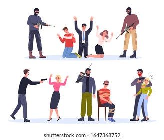 Terrorist and hostage. Man in mask holding gun and attack people. Criminals holding woman and man hostage. Vector illustration in cartoon style