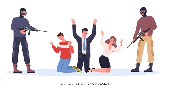 Terrorist and hostage. Man in mask holding gun and attack people. Criminals holding woman and man hostage. Vector illustration in cartoon style