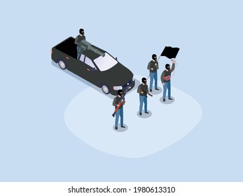Terrorist isometric vector concept. Group of terrorist with weapon and machine gun on the car