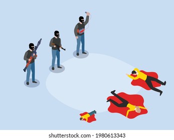 Terrorist isometric vector concept. Group of terrorist killing people with gun while wearing mask