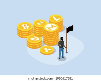 Terrorist isometric vector concept. Terrorist with gun and cryptocurrency coins for money laundering fund